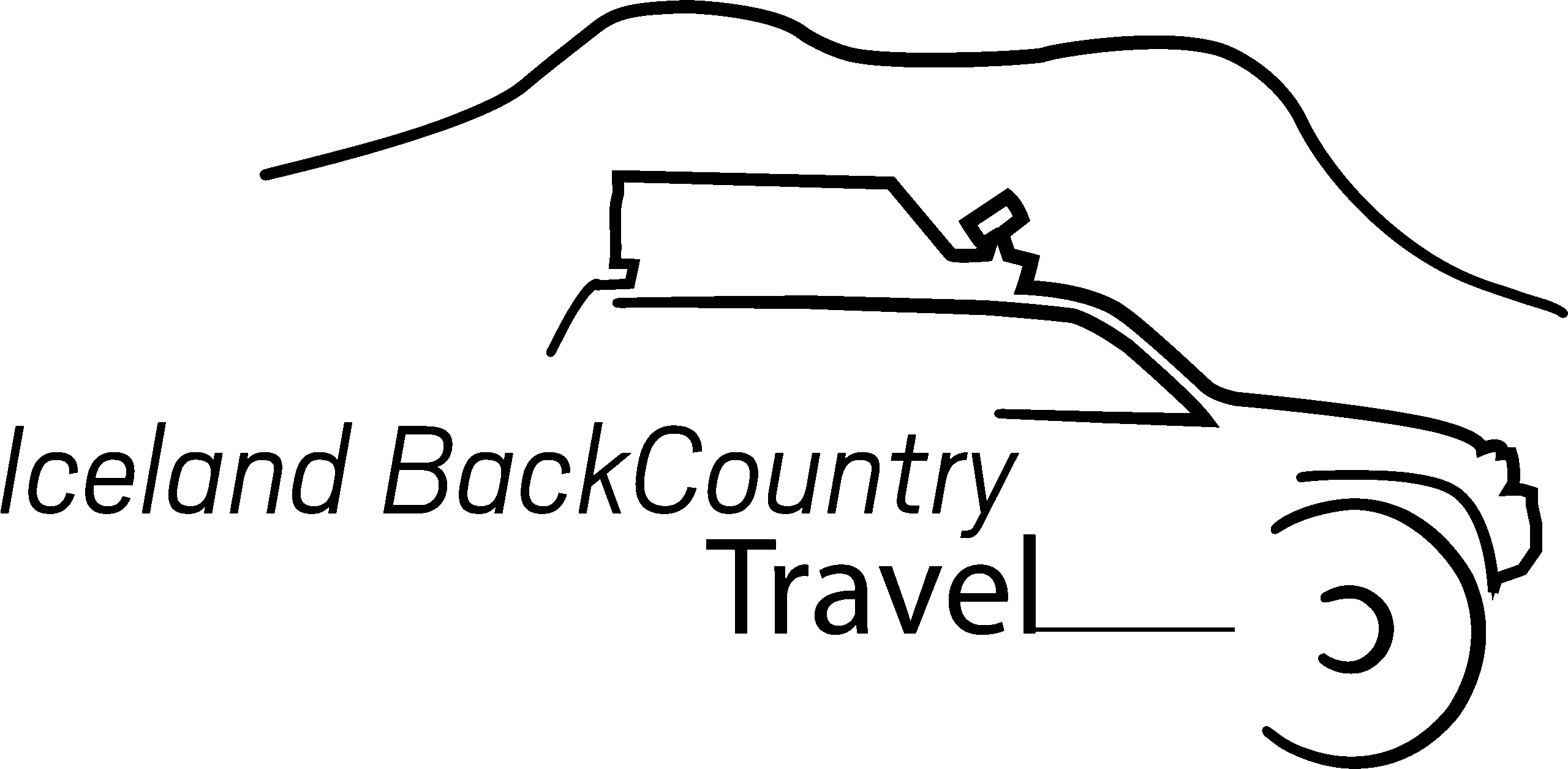 black line art of a jeep and mountain, simple lines logo and text Iceland Backcountry Travel